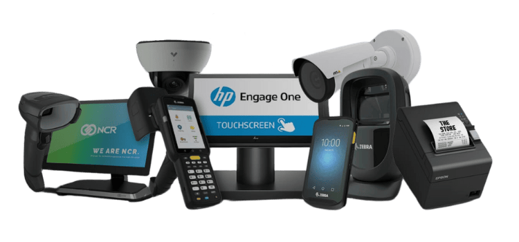 a wide range of new point of hardware equipment is displayed such as barcode scanners, terminals, kiosks, receipt printers, security cameras and mobile card readers.