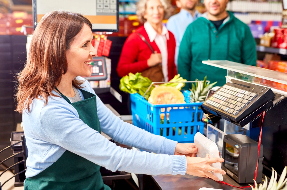 grocery store Cashier scanning food items with their POS system 