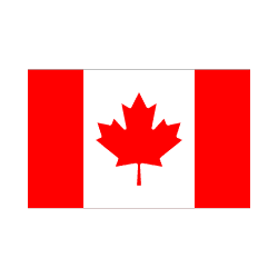 The image shows the flag of Canada, featuring a red maple leaf centered on a white square with red vertical bars on each side.