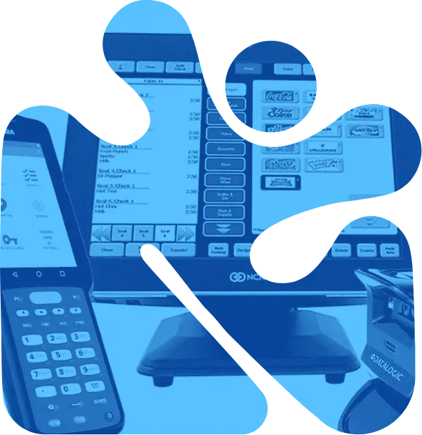 A point-of-sale system setup with a touchscreen monitor, a barcode scanner, and a payment terminal.