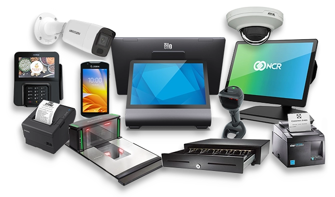 Collection of point-of-sale hardware products including touchscreen POS terminals, receipt printers, barcode scanners, cash drawer, mobile handheld device, payment terminal, and security cameras, displayed together to represent a complete retail and enterprise POS system setup.